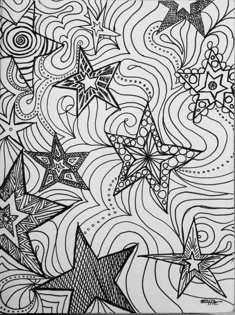 Star zentangle art pretty doodle pen sketch beautiful black and white drawing abstract night sky, pen, markers, unique textures, cross hatching, zig zags, variety of designs art Zig Zag Drawing, Night Sky Doodle, Zentangle Stars, Zentangle Clouds, Star Zentangle, Holly Drawing, Starry Night Pen Art, Zentagle Drawing, Zentangle Sky