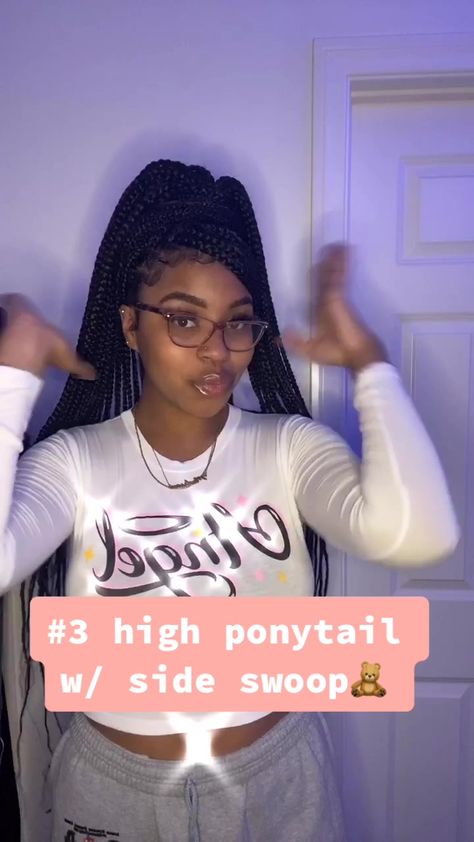 Swoop Ponytail Box Braids, Box Braid Swoop Ponytail, Swoop Bun Box Braids Tutorial, Ponytail With Swoop Braids, High Bun With Swoop Box Braids, How To Do A Swoop Bun With Braids, Bun With Swoop Box Braids, Box Braids Swoop Ponytail, High Ponytail With Swoop Box Braids