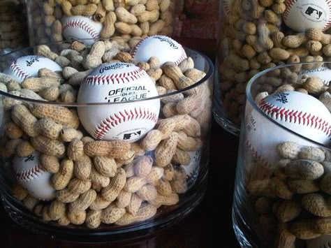 Baseball season is upon us!  Simple centerpiece for sports-themed event Baseball Centerpiece, Sports Centerpieces, Baseball Wedding, Baseball Theme Party, Sports Birthday Party, Baseball Decor, Baseball Birthday Party, Baseball Party, Baseball Theme