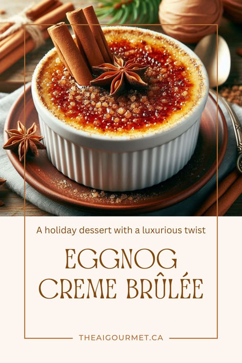 This Eggnog Crème Brûlée is the perfect seasonal delight. Infused with eggnog, nutmeg, and cinnamon, this dessert brings the warmth and nostalgia of eggnog to the elegant, creamy custard of crème brûlée. #christmasdesserts #christmastreats Elegant Christmas Dessert, Recipes Using Eggnog, Dessert Boxes Packaging, Eggnog Dessert, Desserts Fall, Harvest Church, Eggnog Recipes, Seasonal Baking, Creme Brulee Recipe