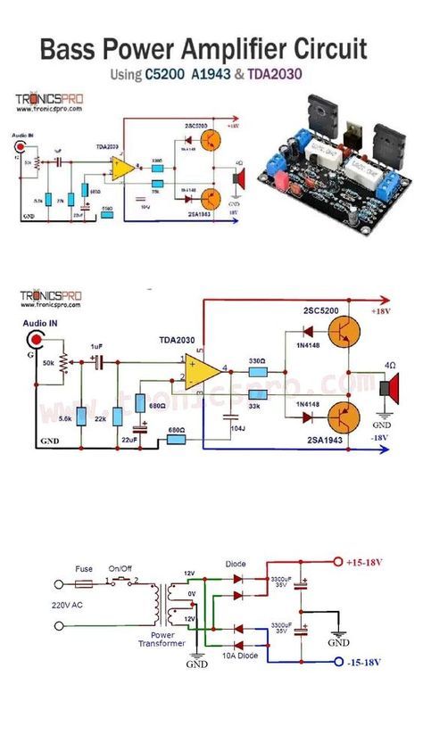 A high-quality bass amplifier circuit is crucial for enhancing the audio output of bass guitars or other low-frequency instruments. In this article, we will explore an effective bass amplifier circuit diagram that utilizes the 2SC5200 and 2SA1943 power transistors paired with the TDA2030 audio amplifier IC Tda 2030 Amplifier Circuit, Tda2030 Amplifier Circuit, Power Amplifier Circuit Diagram, Audio Amplifier Circuit Diagram, Amplifier Circuit Diagram, Power Amplifier Audio, Amplificatori Audio, Sony Led Tv, Diy Guitar Amp