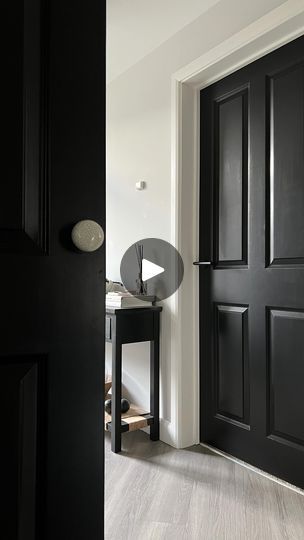 8.7K views · 1.2K reactions | ✨ Hallway Reveal ✨ I’ve been super busy this week with my paint brush. After years of being too nervous I finally did it, with the help of @makeitrustoleum I painted our internal doors black, well Natural Charcoal, such a classy shade and it applied like a dream! Omg what a difference it’s made!! I’ve added simple mat black handles for a super sleek look and yup safe to say I’m obsessed 🤩🖤🖤🖤 Tell me what do you think? Hope you’ve all had a wonderful Bonfire night 🔥 ✨ Ad - Paint Natural Charcoal will pop a link in stories 🏷️ Paint it black | hallway reveal | paint refresh | hallway decor | black doors | monochrome home | mirror ——— You can find my beautiful handcrafted solid oak side table at @jollywooddesign each piece is created from dismantled prel Black Hallway Doors, Off White Paint Colors, Black Interior Door, Monochrome Home, Black Hallway, Home Mirror, Hallway Door, Paint It Black, Off White Paints