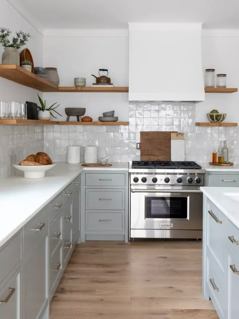 Pennsylvania Avenue | Salt Design Company Kitchen Hood Floating Shelves, Kitchen Shelves Next To Extractor, Kitchen Shelves Around Hood, Kitchen Vent Hood With Floating Shelves, Blue Kitchen Black Hardware, Tile Backsplash Open Shelving, Floating Shelves Kitchen Backsplash, Tiled Extractor Hood, Extractor Hood Ideas Open Shelves