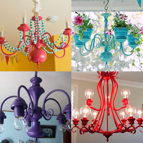 Upcycled Chandelier Outdoor, Recycle Chandelier Ideas, Fun Chandelier Ideas, Painted Chandelier Ideas, Old Chandelier Makeover, Old Chandelier Ideas Repurposed, Spray Paint Chandelier, Outside Chandelier Ideas, Repurpose Chandelier