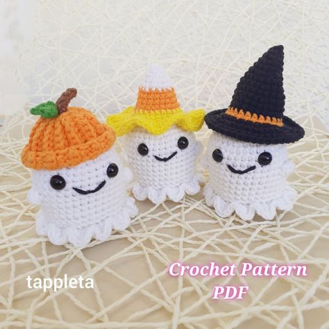 Crochet Ghost and 3 Halloween hats. Crochet Pattern PDF. Amigurumi Ghost, Mini Witch hat, Candy corn hat, Pumpkin hat.A very quick and easy project! No sew. Beginner friendly pattern.Size approx.  Ghost  2 13â (6 cm.),  Hats: Witch â 2 15â (5,5 cm.),  Candy 2 13â (6 cm.), Pumpkin  2â (5 cm.)  in diameter.This pattern is suitable for those who have crochet skills for intermediate and know the magic ring, single crochet, increase, decrease.Pattern is in standard American terms. The pdf file contains a stepbystep description and pictures on 5 pages.Also description of techniques Invisible decrease, Invisible join, Invisible color change and Bobble stitch. You will need: cotton blend yarn ( YarnArt Jeans), any yarn 4ply hook B (2 mm.) safety eyes 8 mm. polyester fiberfill scissors, n Candy Corn Hat, Mini Witch Hat, Crochet Pumpkin Hat, Crochet Increase, Crochet Pour Halloween, Crochet Ghost, Arty Ideas, Fall Market, Hats Crochet