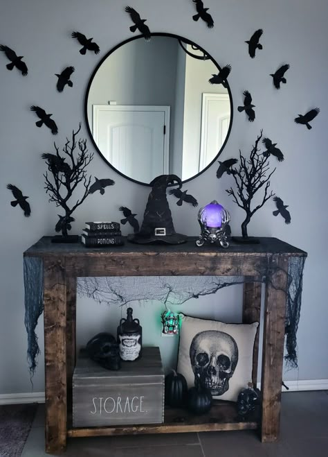 Halloween Hall Table Decor, Side Table Halloween Decor, Halloween Decor Buffet Table, Halloween Entrance Table Decor, Entryway Decor Halloween, Diy Halloween Entryway, Halloween Console Table Decor Entryway, Halloween Entry Way Table, Halloween Powder Room