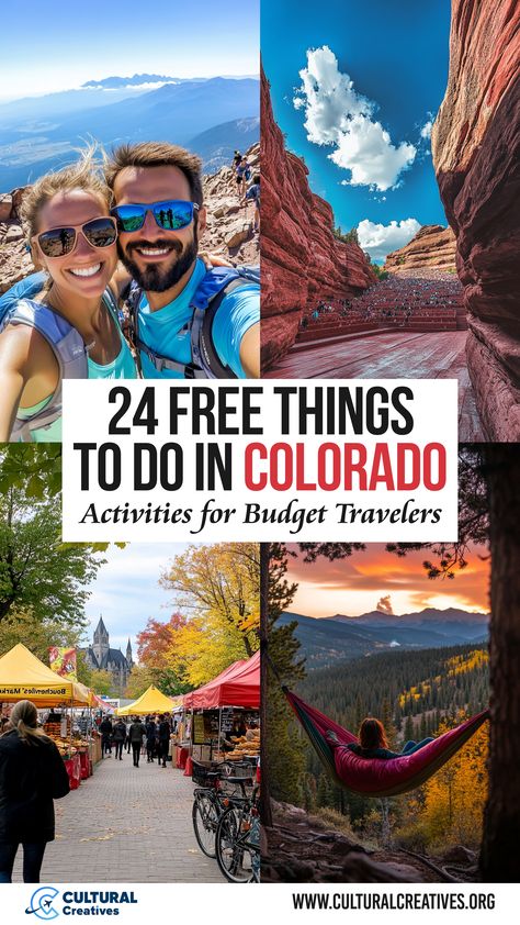 Highlights of Colorado featuring a couple hiking with mountain views, the iconic Red Rocks Amphitheatre, a vibrant outdoor market, and a person relaxing in a hammock at sunset, showcasing activities from 24 Free Things to Do in Colorado Activities for Budget Travelers. Colorado Garden Of The Gods, Pueblo Colorado Things To Do In, Red Rocks Park Colorado, Northern Colorado Things To Do, Things To Do In Colorado Springs, Denver Colorado Things To Do, Colorado In Spring, Colorado In May, Denver Bucket List