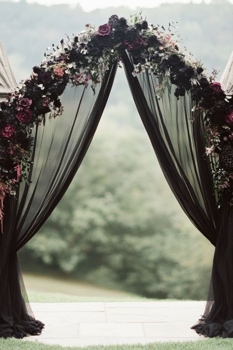 Vintage Gothic Wedding Ideas, Goth Vintage Wedding, Gothic Wedding Arch Ideas, Gothic Woodland Wedding, Gothic Chapel Wedding, Black Wedding Elegant, Gothic Farmhouse Wedding, Gothic Vow Renewal, Gothic Fantasy Wedding