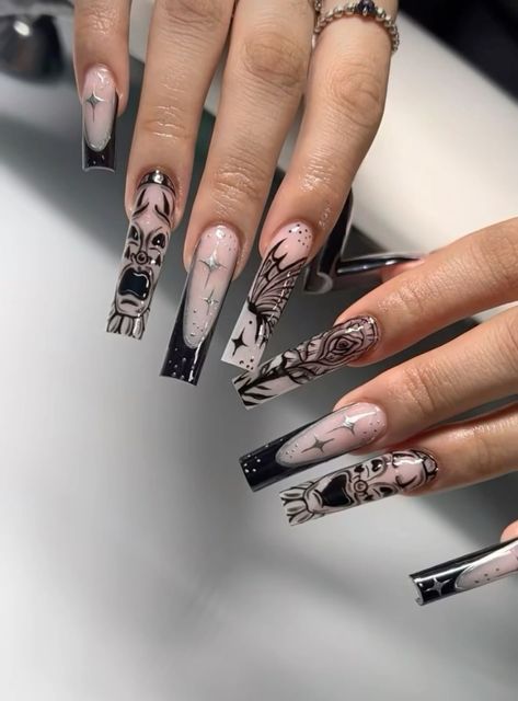 Nail Summer, Halloween Acrylic Nails, Black Acrylic Nails, Punk Nails, Grunge Nails, Glow Nails, Long Acrylic Nails Coffin, Acrylic Nails Coffin Pink, Long Square Acrylic Nails