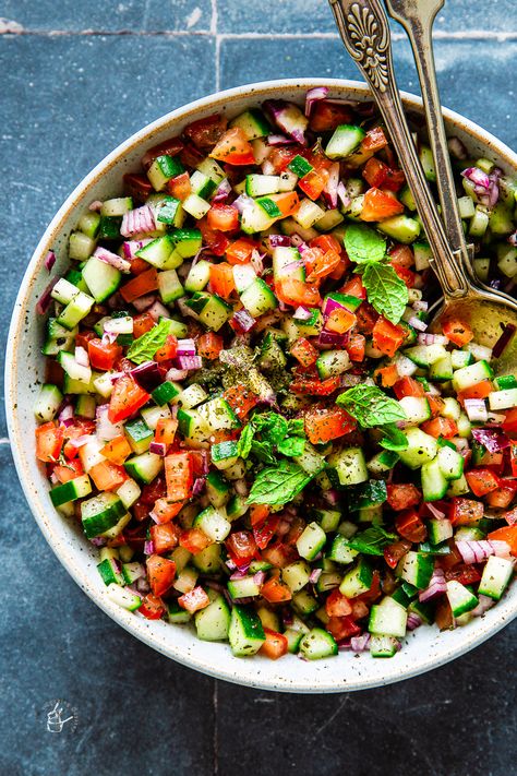 Shirazi Salad | J Cooking Odyssey Indian Mint Sauce, Persian Salad, Shirazi Salad, Olive Oil Dressing, Watermelon Mojito, Popular Side Dishes, Mint Sauce, Persian Cucumber, Cucumber Tomato