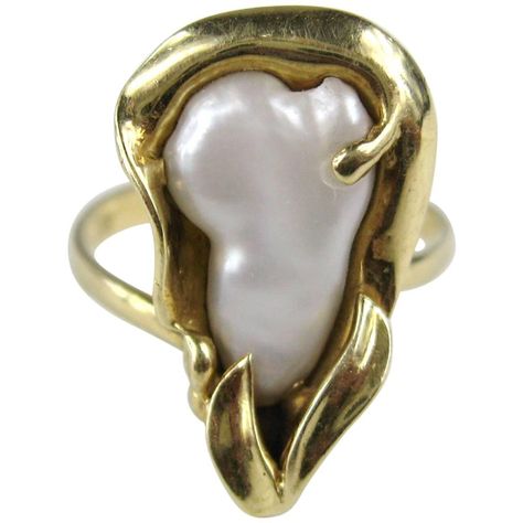 Mid Century Organic Mabe Pearl Gold Ring  | From a unique collection of vintage solitaire rings at https://www.1stdibs.com/jewelry/rings/solitaire-rings/ Pearl Gold Ring, Silver Costume, Rings Solitaire, Art Nouveau Ring, 1st Dibs, Solitaire Rings, Elegant Engagement Rings, Mabe Pearl, White Gold Set