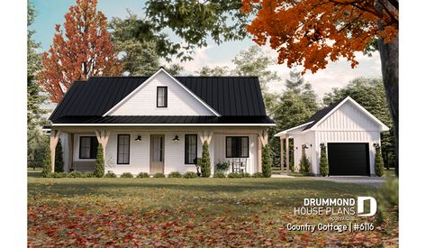 Color version 2 - Front of house plan 6116 Single Story Farmhouse Plans, Single Story Farmhouse, 1500 Sq Ft House, Drummond House Plans, Ranch House Plan, Farmhouse Style House Plans, Small Farmhouse, Country Homes, Farmhouse House