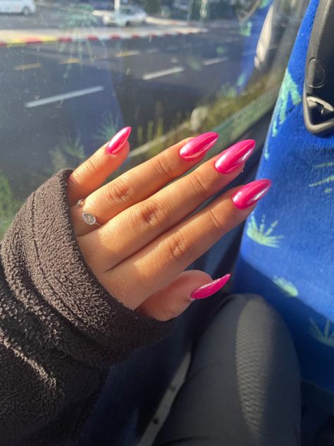 Pink Chromatic Nails, Hot Pink Crome Nails Almond, Ruby Chrome Nails, Bright Pink Acrylic Nails Almond, Bright Pink Prom Nails, Bright Fuschia Nails, Chrome Hot Pink Nails, Hot Pink Chrome Nails Almond, Fuchsia Chrome Nails