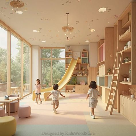 Physical Playroom, Large Daycare Floor Plans, Soft Play Indoor, Elementary School Lobby Design, Natural Playroom Ideas, Playroom With Tv And Couch, At Home School Set Up, Play Cafe Design, Playground Design Indoor