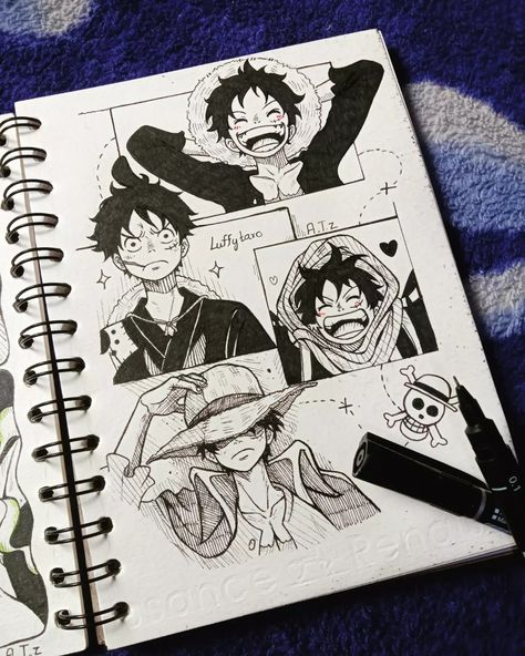 One Piece Manga Drawing, One Piece Sketchbook, Full Page Drawings Ideas, Drawing On Homework, Luffy Drawing Sketch, Luffy Drawings, Monkey D Luffy Drawing, Luffy Draw, One Piece Sketch