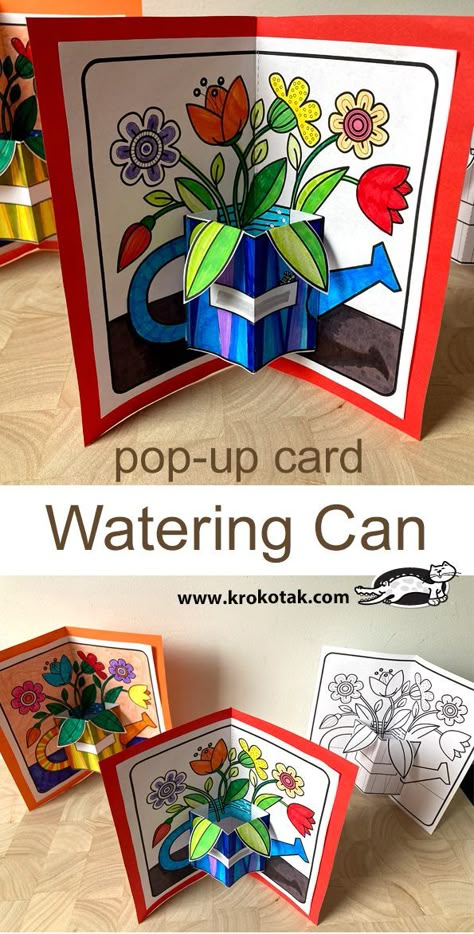 Pop-up card Watering Can Watering Can Craft, Pop Up Mothers Day Card, Mother Day Pop Up Card, Pop Up Garden Cards, Flower Pot Pop Up Card, How To Make A Mother’s Day Pop Up Card, Paper Flowers Diy Easy, Hand Crafts For Kids, Mothers Day Crafts For Kids