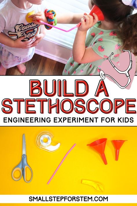 In today's experiment, we're going to walk through how to create a stethoscope with your preschooler, which is a fun and educational activity that will help them learn about sound waves, how to engineer simple devices, and even a little bit of anatomy. Stem Engineering Activities Preschool, Doctor Science Preschool, Stethoscope Craft Preschool, Diy Stethoscope Kids, Diy Stethoscope, Stem Engineering Activities, Sound Experiments, Stem Experiments, Stem Engineering