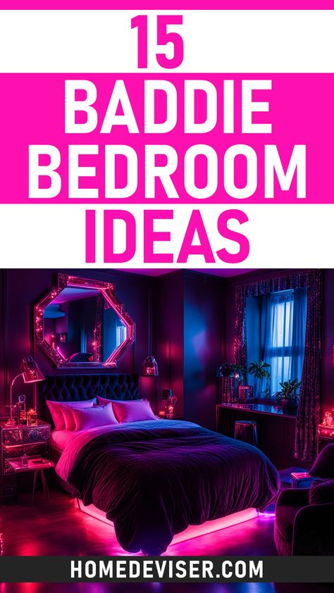 Dare to decorate dramatically with these 15 enticing Baddie Bedroom ideas with lush fabrics, neon lights, macabre accents and scene-stealing wall art. Women Bedrooms Ideas, Pleasure Room Bedroom Ideas, Baddie Bedroom Decor, Galaxy Room Ideas Bedrooms, Neon Bedroom Decor, Spicy Bedroom Tips, Sensual Bedroom Decor, Women Room Ideas Bedrooms, Seductive Bedroom Ideas