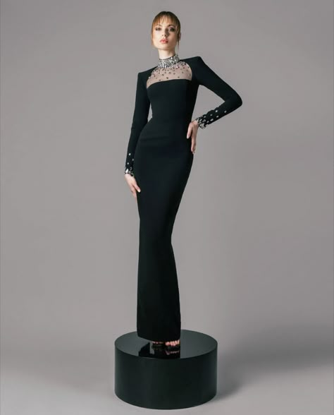 Jean Louis Sabaji | This elegant mermaid evening gown crafted in soft crepe featuring a gemstone embellished neckline with long sleeves, perfect for any special occasions. Event Dresses Elegant, Jean Louis Sabaji, Dresses Elegant Long, Mermaid Evening Gown, Muslim Fashion Hijab Outfits, Crepe Gown, Elegant Dresses Classy, Evening Outfits, Evening Dresses Elegant