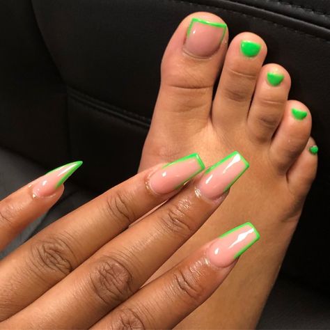 Nails And Toes Matching Ideas, Matching Mani Pedi, Green Toe Nails, French Tip Toes, Nails And Toes, Acrylic Set, Pink Acrylic, Pink Acrylic Nails, Birthday Nails