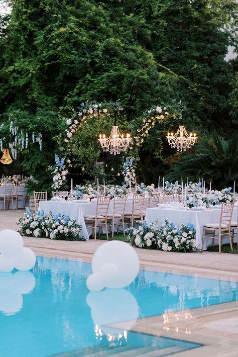 Corfu Wedding Poolside Wedding Reception Poolside, Pool Side Engagement Decor, Pool Backyard Wedding, Pool Reception Wedding, Poolside Wedding Decor, Pool Decor Wedding, Backyard Wedding With Pool, Pool Decorations For Wedding, Wedding Pool Decorations