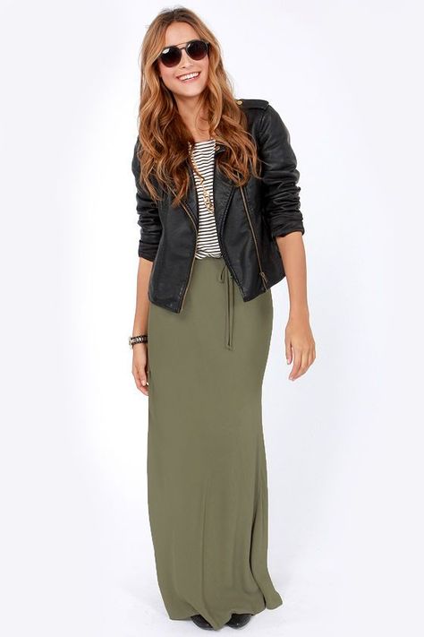 olive skirt, black/white striped shirt Green Olive Outfit, Black Pencil Skirt Outfit Work, Green Maxi Skirt Outfit, Olive Green Maxi Skirt, Olive Outfit, Green Skirt Outfits, Long Green Skirt, Olive Clothing, Olive Green Skirt