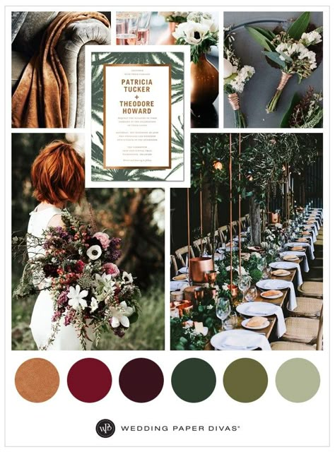 Take inspiration from Pantone's Color of the Year and incorporate lush greenery, moody florals and gorgeous copper tones in your 2017 wedding theme. Nature Wedding Theme, Nature Themed Wedding, Fall Wedding Color Schemes, Moody Florals, Flowers And Greenery, Colors Wedding, Copper Wedding, Wedding Palette, Have Inspiration