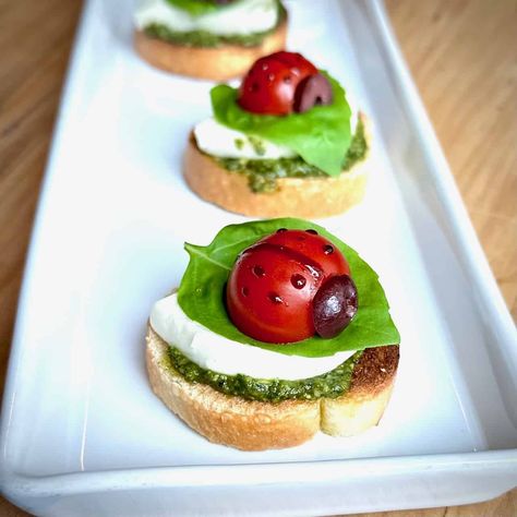 Lady Bug Caprese Appetizers, Bug Inspired Food, Ladybug Caprese Appetizer, Vegetable Themed Party, Garden Themed Food Ideas, Bug Food Ideas, Insect Party Food, Garden Theme Food Ideas, Nature Party Food