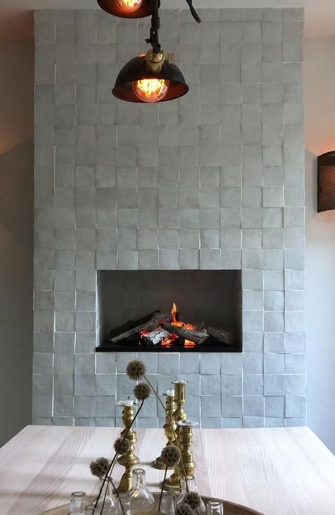 White Zellige Tile, Home Decor Ideas Christmas, Moroccan Zellige, Zellige Tiles, Fireplace Tile Surround, Traditional Fireplace, Zellige Tile, Fireplace Hearth, Fireplace Tile