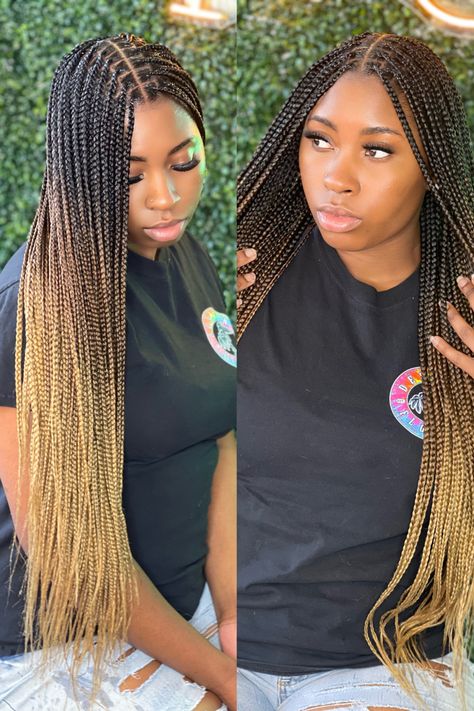 Highlight Box Braids Black Women, Knotless Braids Ombre Brown, Brown And Blonde Ombre Knotless Braids, Summer Braid Colors For Black Women, 1b/613 Knotless Braids, Ombre Knotless Box Braids Medium, Box Braids With Blonde Ends, Blonde Ombré Knotless Braids, Box Braids Ombre Hair