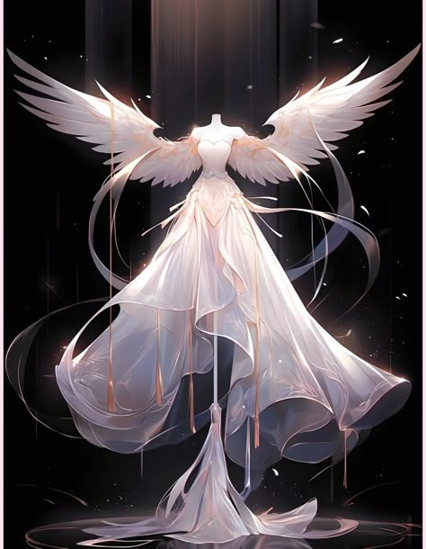 Angel Ball Gown, Angelic Clothes Aesthetic, Fantasy Angel Outfit, Angelic Outfits Drawing, Angelic Clothes Drawing, Angel Dress Gowns, Angel Dress Drawing, Angel Clothes Drawing, Winter Outfits Anime