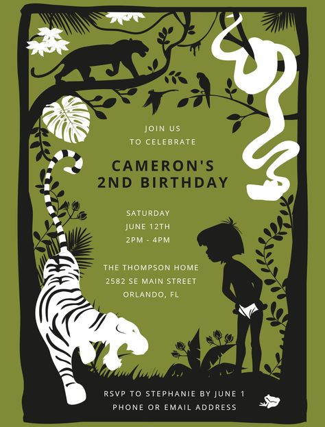 The Jungle Book Silhouette Birthday Invitation The Jungle Book Party, The Jungle Book Birthday Party, Jungle Party Invitations, Jungle Book Birthday Party Ideas, Jungle Book Birthday Party, Book Invitations, Jungle Book Birthday, Jungle Book Party, Book Silhouette