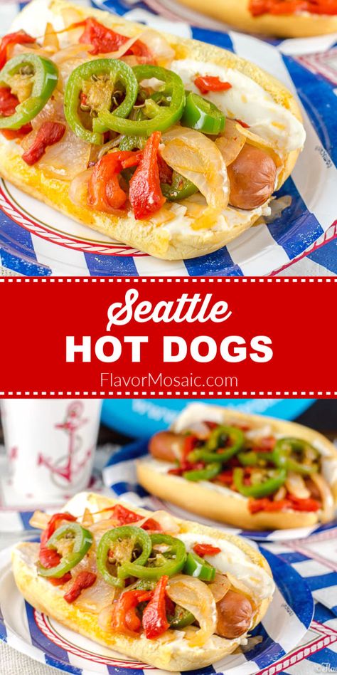 Seattle Hot Dogs with cream cheese, jalapeños, onions, and Roasted Red Peppers, also known as Seattle Dogs, are popular hot dogs in Seattle at the Seattle Mariners baseball games. Seattle Hot Dog, Peppers Cream Cheese, Seattle Mariners Baseball, Best Sandwich Recipes, Mariners Baseball, Burger Dogs, Bowl Party Food, Bread Easy, Hot Dog Recipes