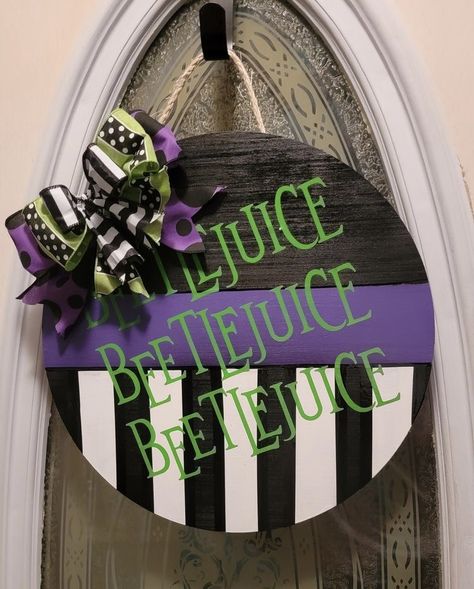 Halloween Front Door Hanger, Cricut Door Hanger Wood Signs, Dollar Tree Front Door Decor, Beetlejuice Door Sign, Diy Door Hangers Christmas, Everyday Door Hangers, Beetlejuice Door Hanger, Halloween Door Hangers Wooden, Diy Halloween Door Hanger