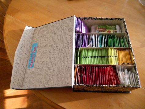 I am a big tea drinker at all times of the day.  I used to keep boxes of teas in the cabinet in the kitchen, until I moved to NYC and there was no longer room for that.  Then my old roommate put al… Tea Box Diy, Tee Organisation, Diy Tea Bags, Dining Pantry, Tea Box Storage, Tea Bag Storage, Tea Boxes, Tea Organization, Tea Crafts