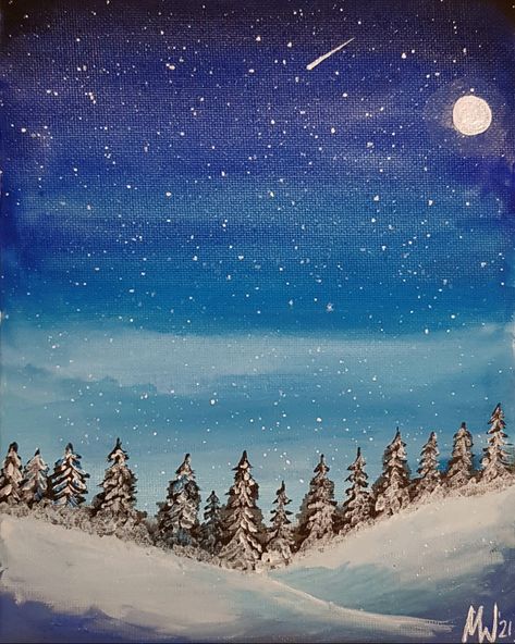 Sunset Painting Easy, Winter Collage, Beginners Painting, Simple Canvas Paintings, Winter Sunset, Christmas Canvas, Sunset Painting, Beginner Painting, Elementary Art