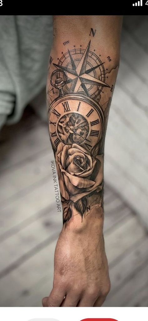 Clock And Compass Tattoo For Men, Men S Tattoo Sleeve, Men’s Forearm Sleeve, Men’s Sleeve Ideas, Background Tattoo Ideas Men, Mens Sleeve Tattoo Ideas For Guys, Tattoo Inspiration Men Arm, Arm Tattoo Men Forearm Sleeve, Men’s Sleeve Tattoos Ideas