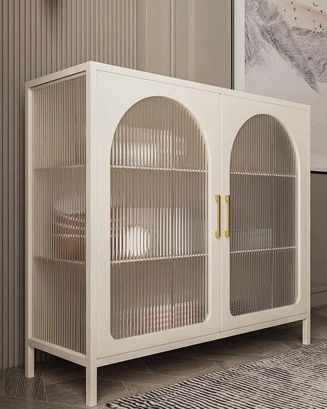 White Display Cabinet Living Room, Living Room Sideboard, Wagon Ideas, Pastel Interior Design, White Display Cabinet, Sideboard Cabinet Modern, Crockery Unit Design, Curved Cabinets, Solid Wood Writing Desk