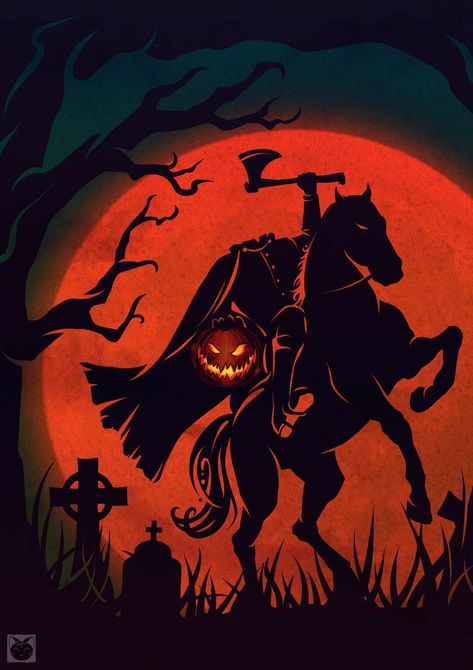 Helloween Wallpaper, The Legend Of Sleepy Hollow, Happy Halloween Pumpkin, Horror Artwork, Headless Horseman, Retro Funny, Halloween Artwork, Horror Movie Art, Desenho Tattoo