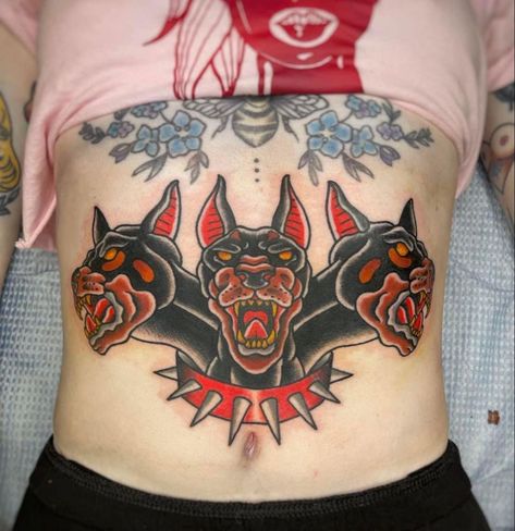 Cerberus Tattoo, Table Tattoo, Traditional Chest Tattoo, Traditional Tattoo Inspiration, American Traditional Tattoo Ideas, Tattoos Meaningful, Traditional Tattoo Ideas, Food Tattoos, Saved Tattoo