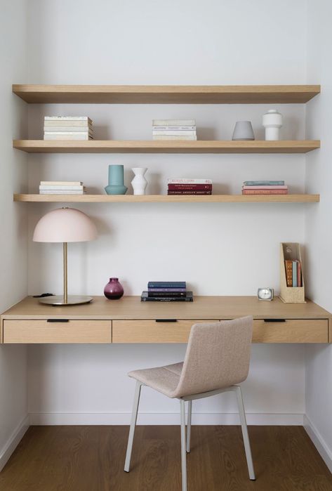 Desk With Open Shelves Above, Home Office Desk Oak, Built In Desk Shelves, Bedroom Alcove Desk Ideas, Study Nook In Bedroom, Desk In Alcove, Desk In Hallway, Alcove Desk Ideas, Office Nook In Living Room