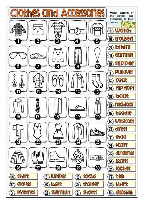 CLOTHES AND ACCESSORIES - English ESL Worksheets for distance learning and physical classrooms Study Equipment, Esl Clothes, Vocabulary Clothes, Clothes Worksheet, Class Worksheets, Vocabulary Ideas, Esl Ideas, New Vocabulary, Grammar For Kids