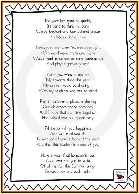 Cute end of year poem to go with End of Year Gift - Summer Journal. Great ideas for keeping kids busy over Summer ($) Poems For Students, Preschool Poems, Graduation Poems, Letter To Students, Teacher Poems, Poems About School, Graduation Songs, Summer Journal, Keeping Kids Busy