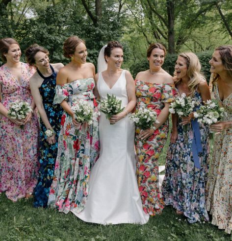 The Art of Mismatched Bridesmaid Dressing - Over The Moon Festive Wedding Attire, Floral Bridesmaid Dresses Mismatched, Green And White Wedding Flowers, Patterned Dresses, Mini Bouquets, Bridal Stylist, Wedding Posing, Floral Frocks, Floral Bridesmaid Dresses