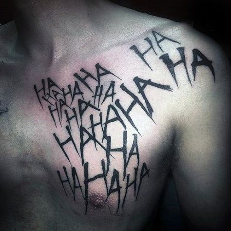 Mens Joker Laugh Black Ink Ha Letters Upper Chest Tattoos Joker Tattoo Hahahahaha, Joker Tattoo Chest, Tattoo Ideas For Men Joker, Cute Joker Tattoo, Joker Tattoos Men, Joker Laugh Tattoo, Joker Inspired Tattoo, Joker Tatoos Ideas, Joker Hahaha Tattoo