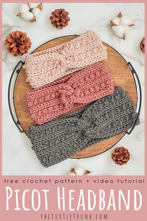 Pinterest pin for the Picot Headband crochet pattern by The Turtle Trunk Picot Headband Crochet, Crochet Ear Warmer Free Pattern, Free Crochet Headband, Picot Crochet, Headband Crochet Pattern, Crochet Headband Tutorial, Crochet Ear Warmer Pattern, Crochet Headband Free, Easy Crochet Headbands