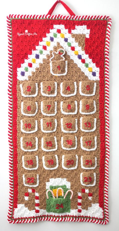 Crochet C2C Gingerbread House Advent Calendar - Repeat Crafter Me #repeatcrafterme #crochet #crochetc2c #crochetadventcalendar #crochetchristmas Crochet Advent Calendar, Advent Calendar Pattern, Repeat Crafter Me, Textured Crochet, Crochet Tree, Confection Au Crochet, Sweater Patterns, Crochet Xmas, Crochet Christmas Decorations