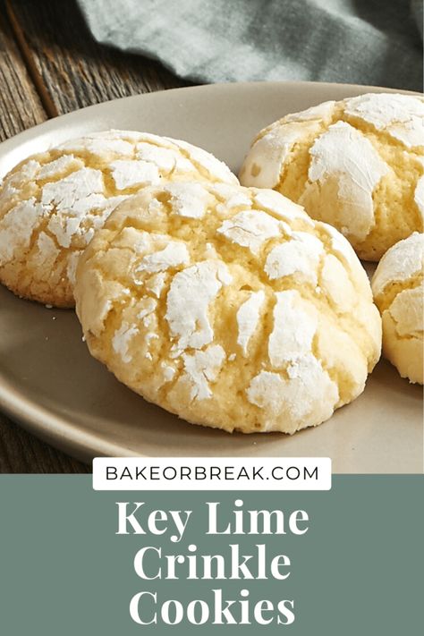 Easy Key Lime Crinkle Cookies | Bake or Break Key Lime Crinkle Cookies, Lemon Lime Cookies, Easy Crinkle Cookies, Key Lime No Bake, Key Lime Cookies, Crinkle Cookies Recipe, Lime Cookies, Key Lime Juice, Lime Recipes