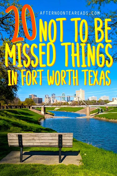 the back of a park bench in the middle of grass. Its looking out onto a streaming blue river with a bridge over it in the distance. Past it all you can see the skyline of downtown Fort Worth texas buildings. Fort Worth Vacation, What To Do In Fort Worth Texas, Fort Worth Texas Stockyards, Fort Worth Texas Things To Do In, Fort Worth Things To Do, Ft Worth Texas Things To Do, Fort Worth Texas Outfit, Dallas Fort Worth Texas Things To Do, Things To Do In Fort Worth Texas