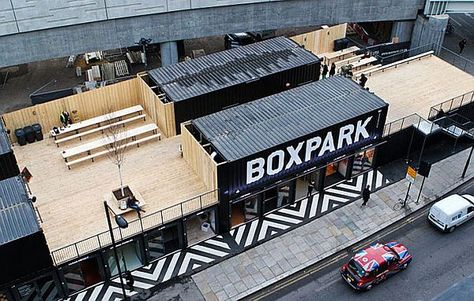 Boxpark London, Box Park, Container Home Designs, Shipping Container Architecture, Shipping Container Design, Container Restaurant, Marketing Office, Container Cafe, Storage Garage